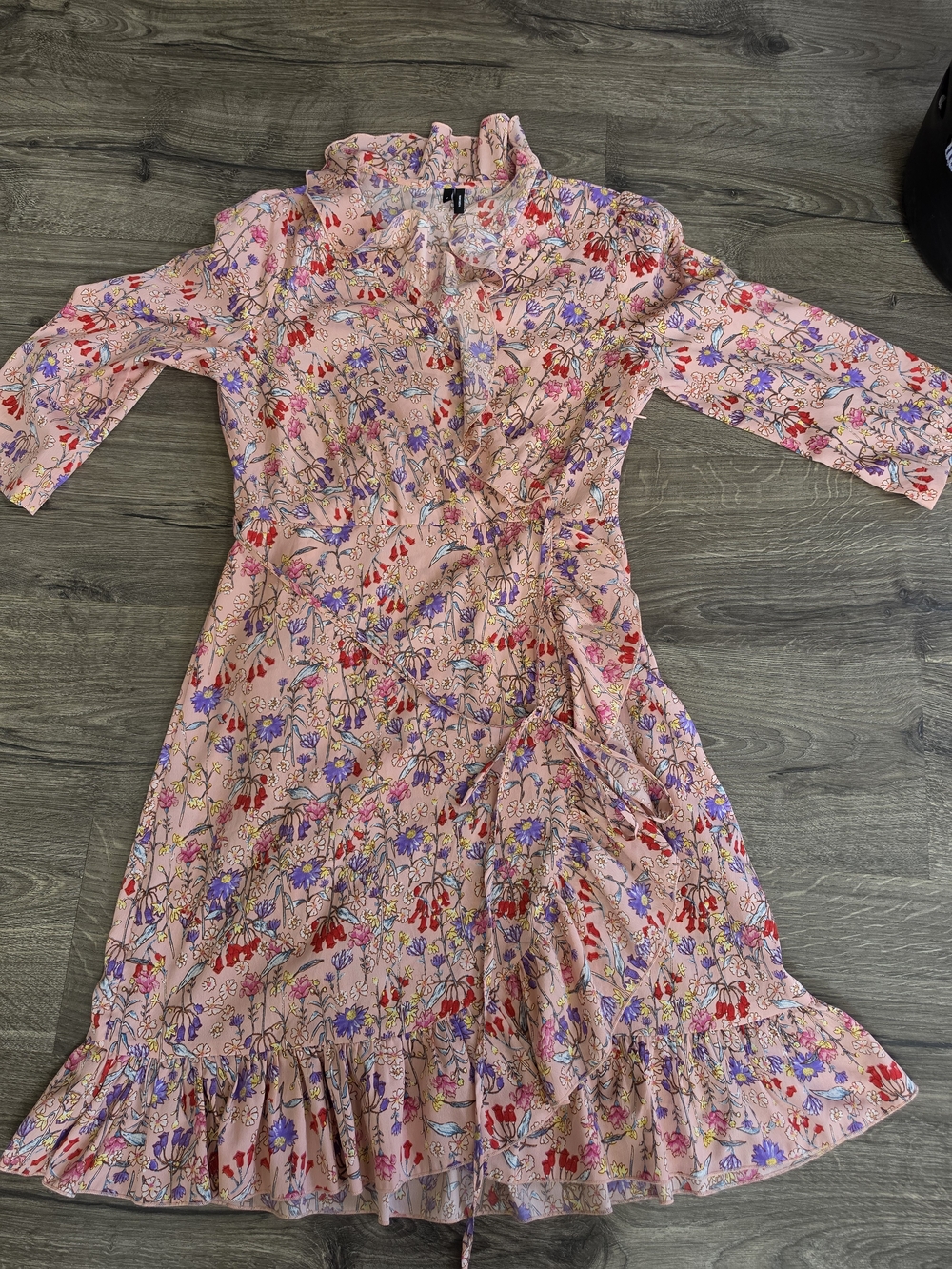 Vero Moda Pink Floral Long Sleeve Ruffle Wrap Dress